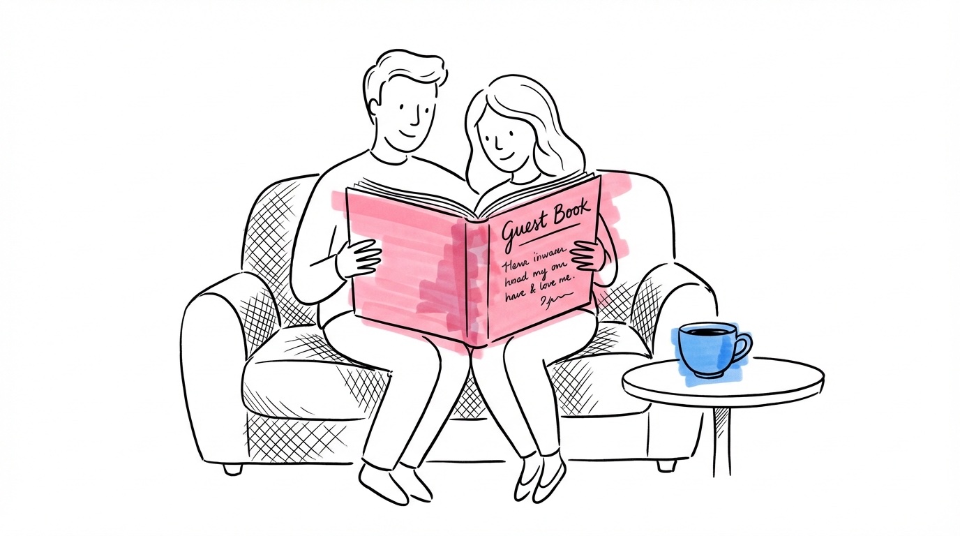 Ett par som sitter i en soffa och läser igenom en öppen gästbok tillsammans, med en kaffekopp på bordet bredvid