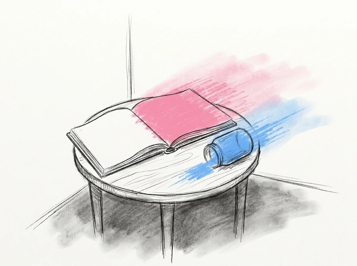 En ensam gästbok lämnad i ett tyst hörn med en tom pennburk och ett blankt uppslag, inga gäster i närheten — den milda komiken i en station ingen hittade, i Lovios rosa och blå illustrationsstil
