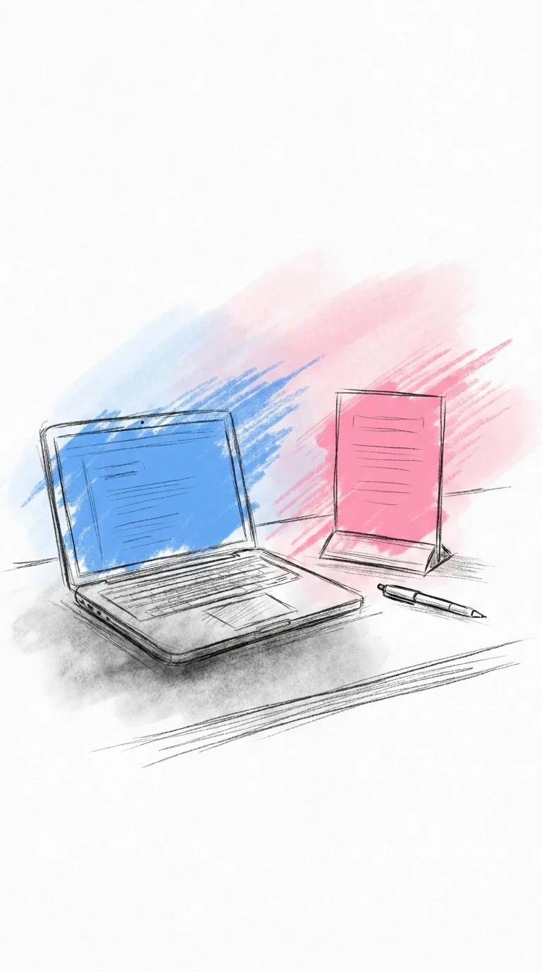 Närbild på en laptop som visar ett städat dokument med en kort lista frågor, en nyss utskriven frågeskylt bredvid och en penna — lugnt och förberett, redo att lämnas till den ansvariga, i Lovios rosa och blå illustrationsstil