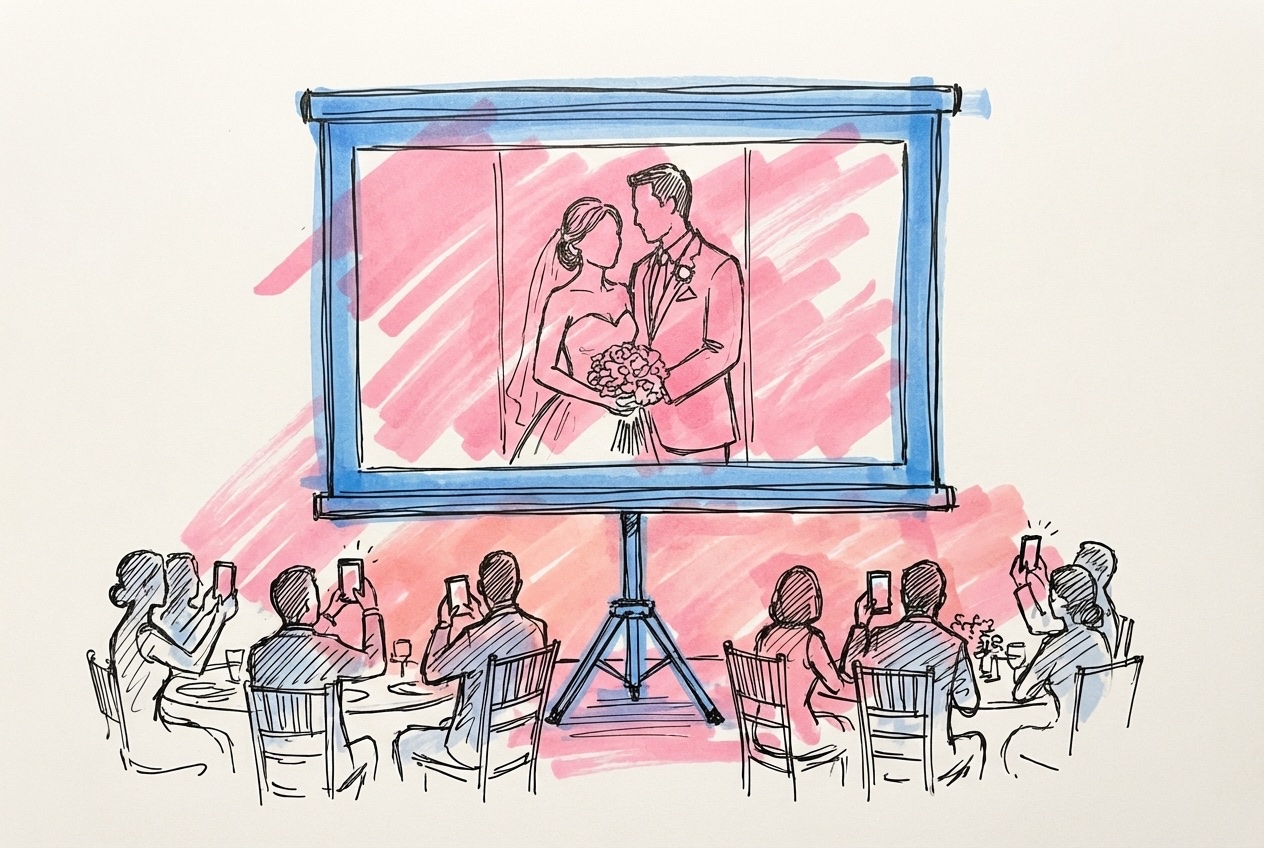 Storskärm som visar ett bröllopsfoto med silhuetter av middagsgäster som tittar och håller upp telefoner i Lovios stil