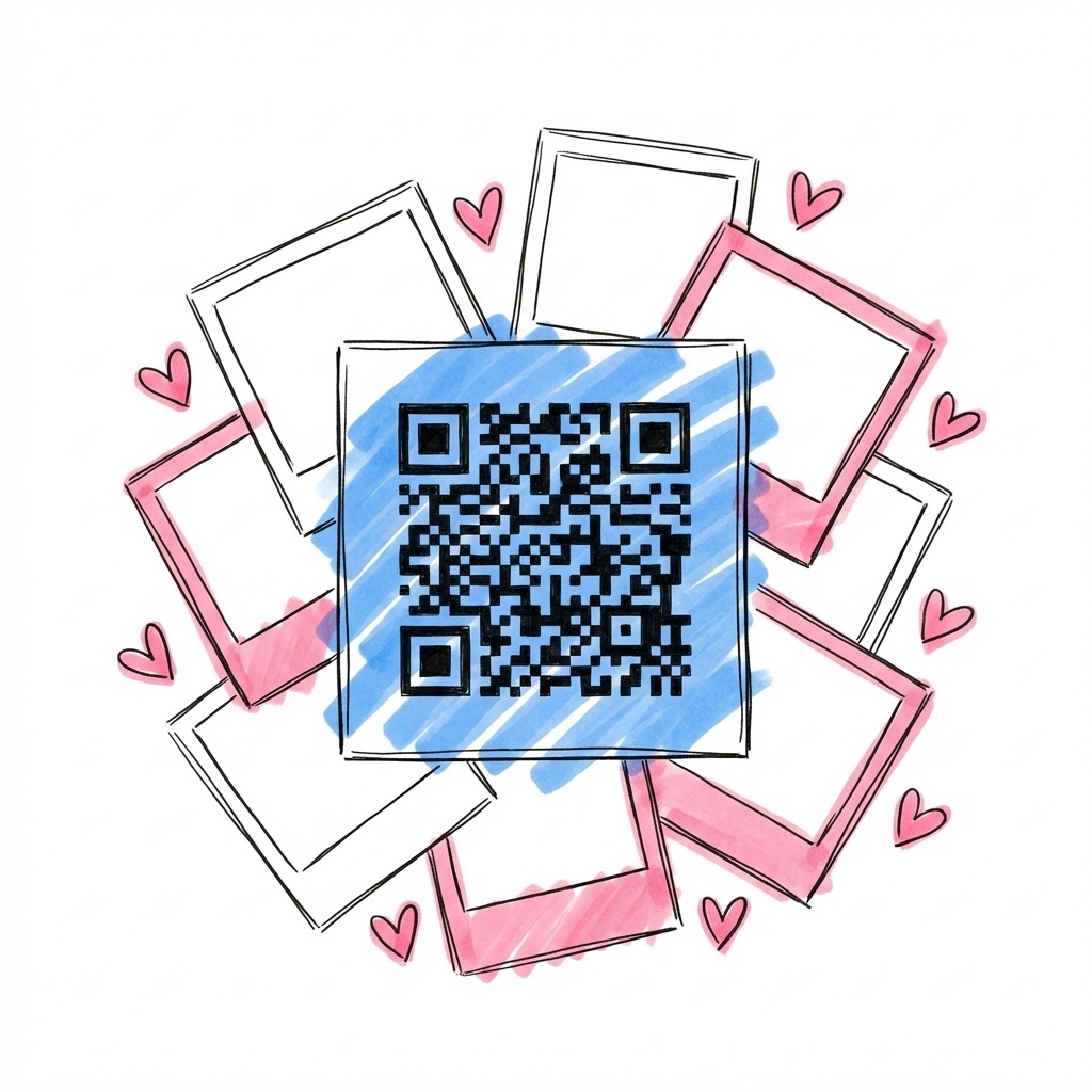QR-kodskort omgivet av polaroidfoton som sprider ut sig med hjärtan runtom i Lovios stil