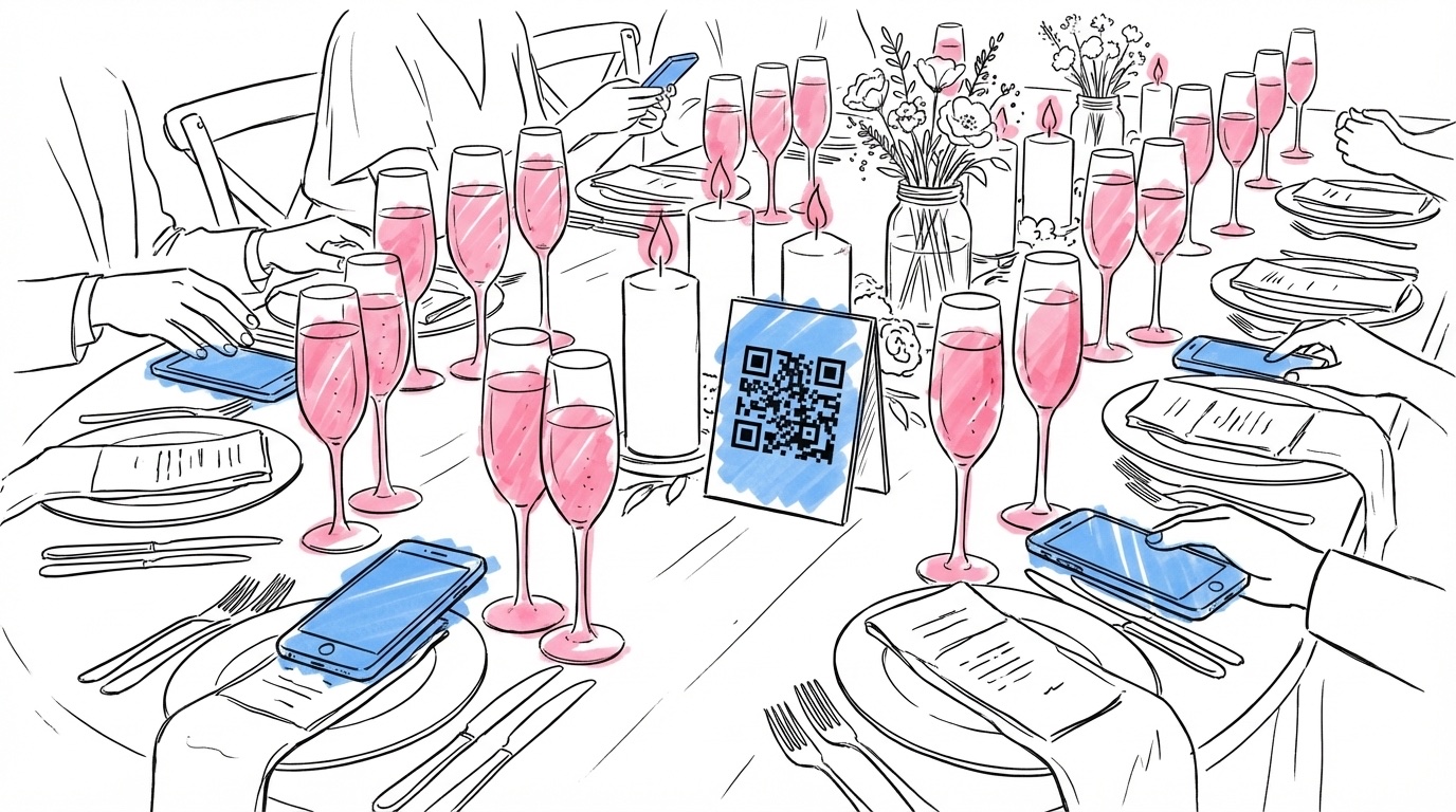 Festdukat bröllopsbord med smartphones bland tallrikar och champagneglas, QR-kodsskylt mellan ljus i Lovios rosa och blå illustrationsstil