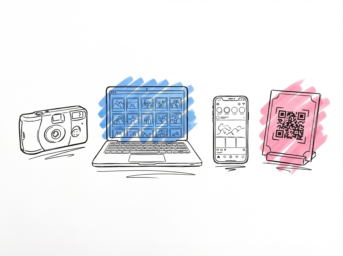 Fyra objekt i rad: engångskamera, laptop med delat album, telefon med Instagram och QR-kodskort i Lovios stil