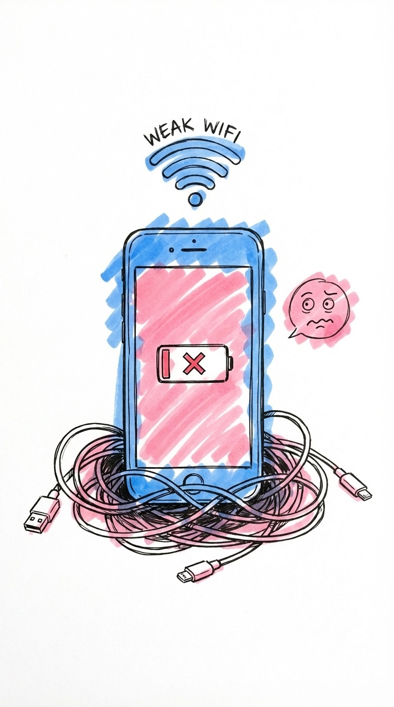 Telefon med tomt batteri och svag wifi-symbol, trassliga laddkablar i Lovios rosa och blå stil