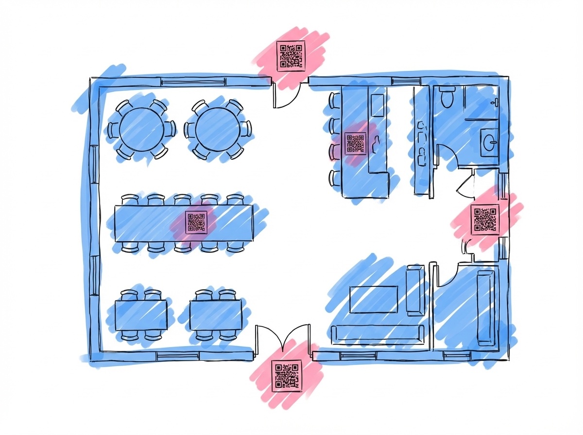 Fågelperspektiv av bröllopslokal med markerade platser för QR-skyltar vid entré, bord, bar och toalett i Lovios stil