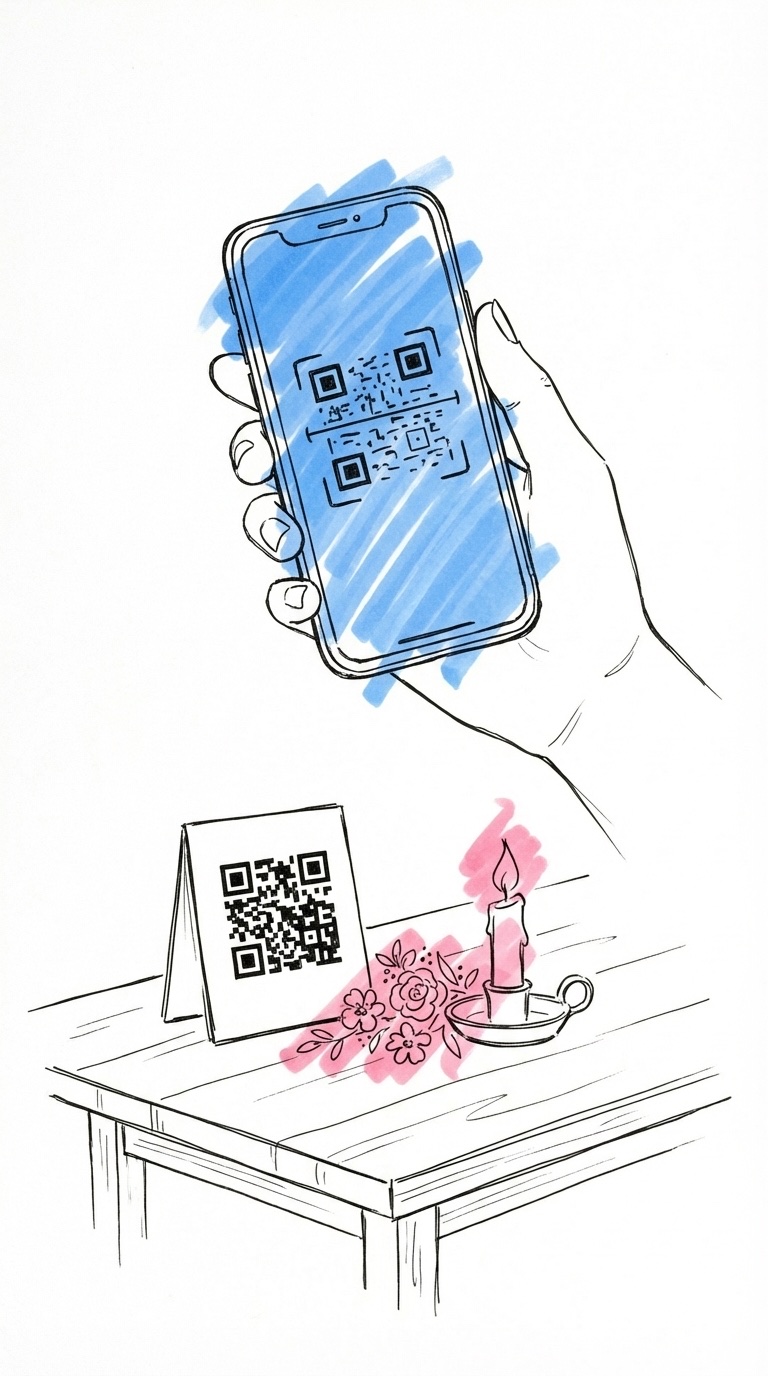 Hand som håller en telefon och skannar en QR-kod på ett dekorerat bord med blommor och ljus i Lovios stil