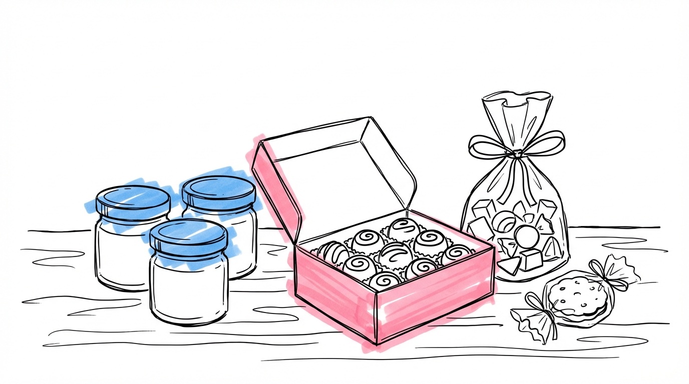 Samling av ätbara gåvor på en rustik träyta: honungsburkar, chokladpraliner i en ask, cellofanpåse med godis och en inslagen kaka