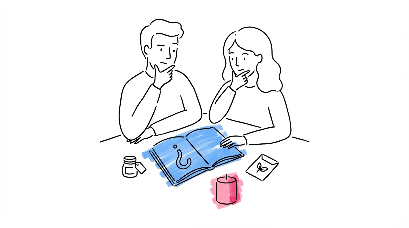 Par vid ett bord med anteckningsblock och små gåvoalternativ — en burk, ett ljus, ett fröpaket