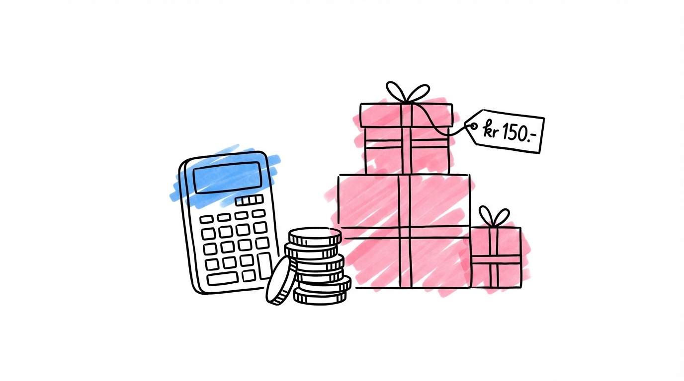 Miniräknare bredvid staplade mynt och små gåvoaskar, med en kvitto som visar kronasymbol