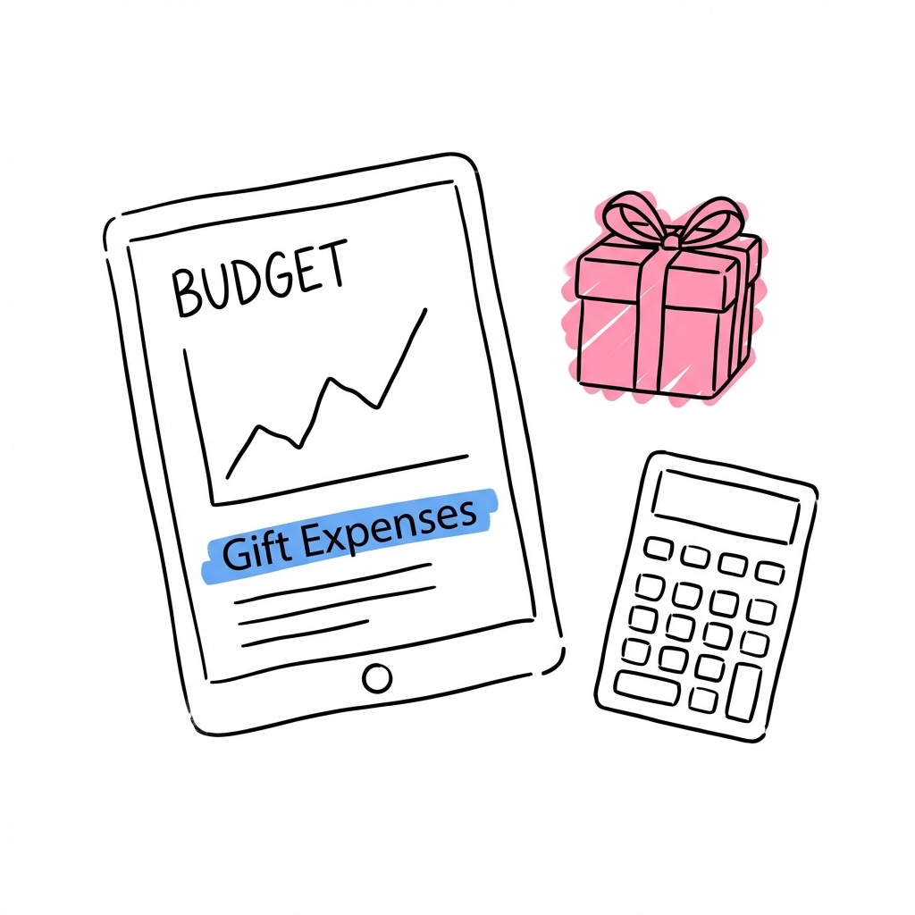 Surfplatta med ett budgetdiagram och gåvorelaterade poster markerade, bredvid en liten gåvoask och en miniräknare