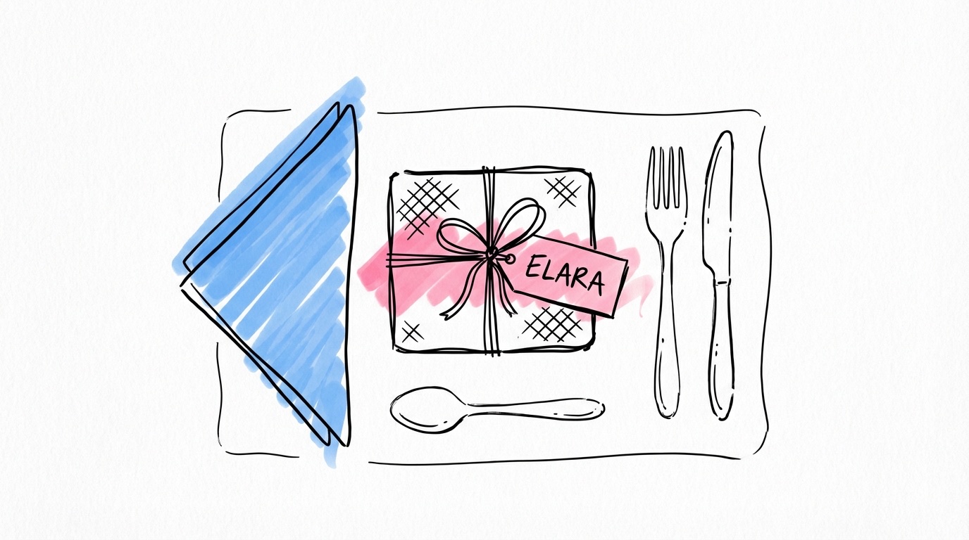 Bröllopsdukning ovanifrån med ett placeringskort fäst vid en liten inslagen gåva, servett och bestick runtom