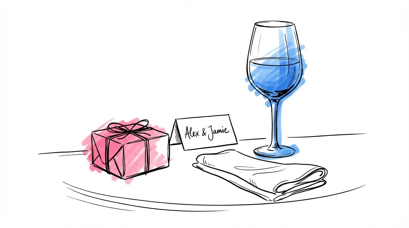 Vackert dukat bröllopsställe med en liten inslagen gåva vid kuvertet, vinglas och vikt servett