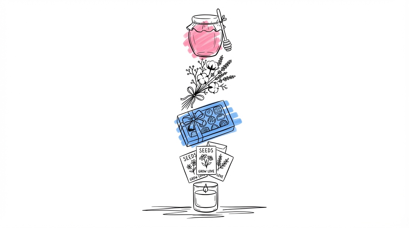 Vertikal samling av små gåvor staplade: honungsburk, torkade blommor, chokladask, fröpaket och ett litet ljus