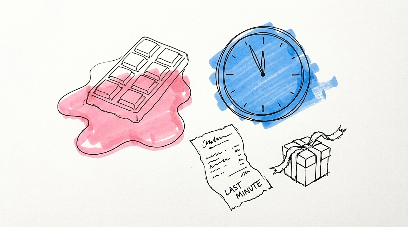 Smältande chokladkaka bredvid en klocka som visar sen tid, med ett skrynkligt kvitto och en gåvoask med trasigt band