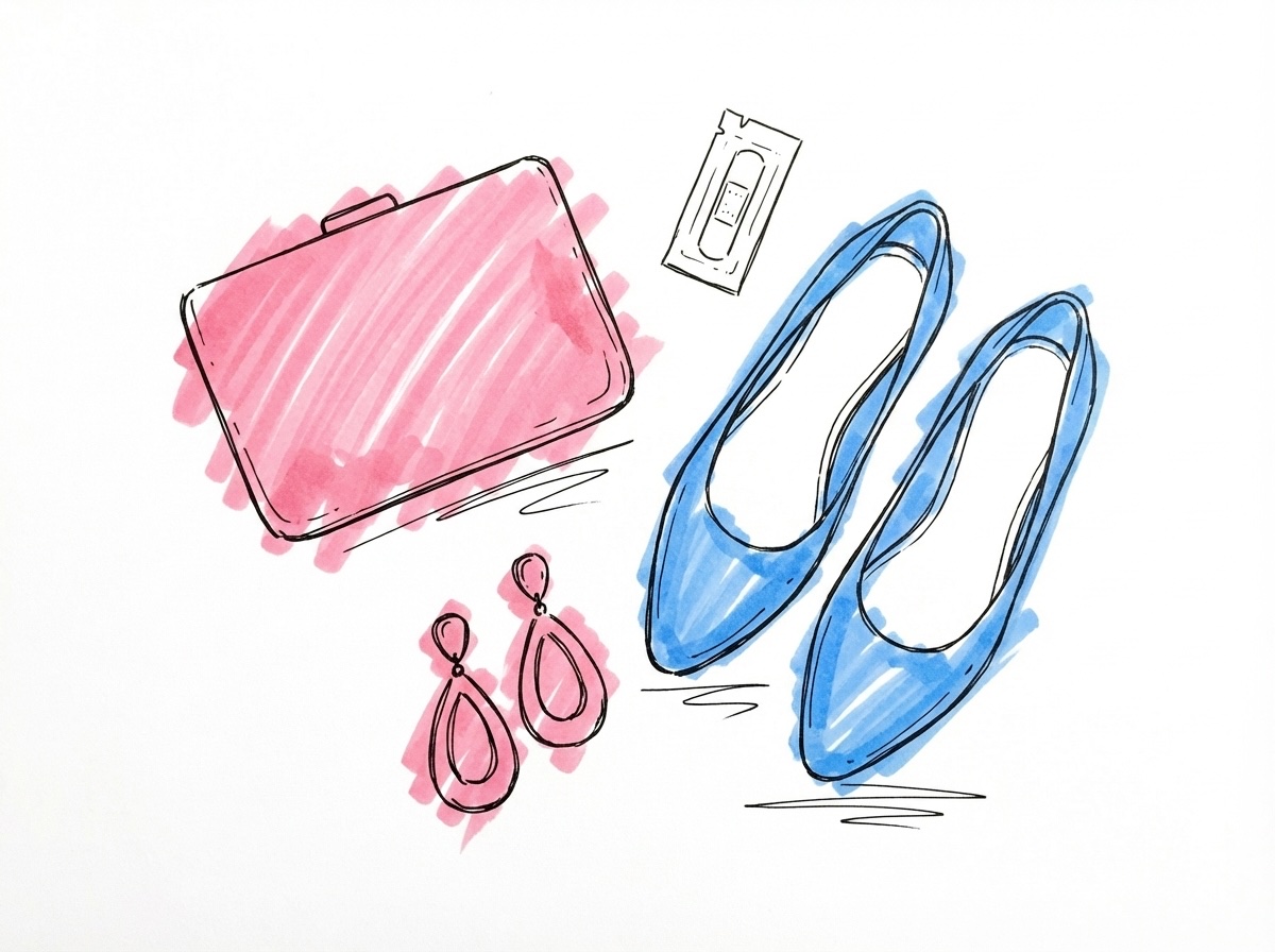 Clutchväska, smycken, skor och en sjal arrangerade elegant i Lovios rosa och blå illustrationsstil