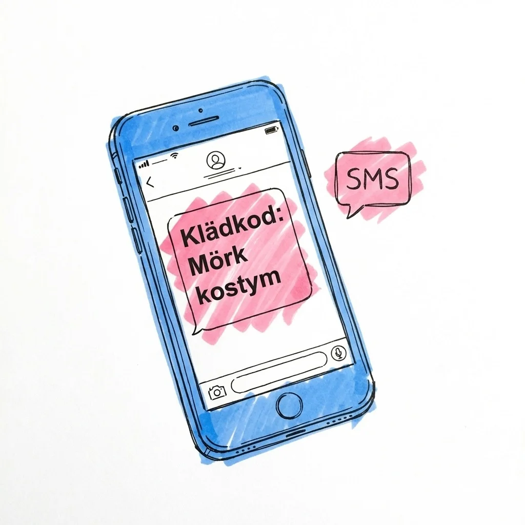 Lovios SMS-utskick och bröllopshemsida med klädkodsinformation i Lovios stil