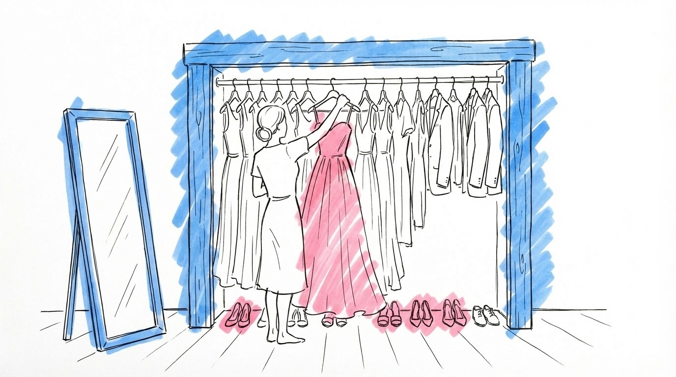 Bröllopsgäster i elegant klädsel vid en festlokal i Lovios rosa och blå illustrationsstil