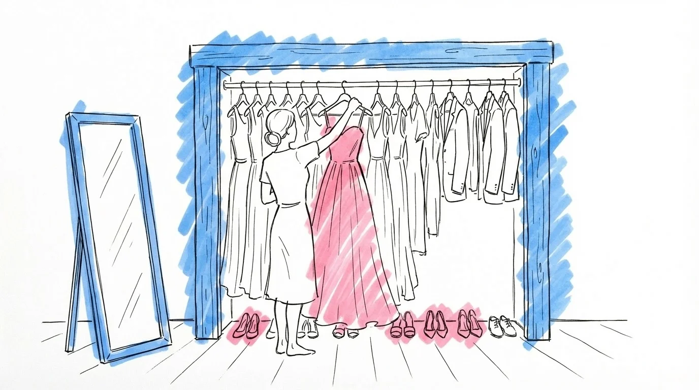 Bröllopsgäster i elegant klädsel vid en festlokal i Lovios rosa och blå illustrationsstil