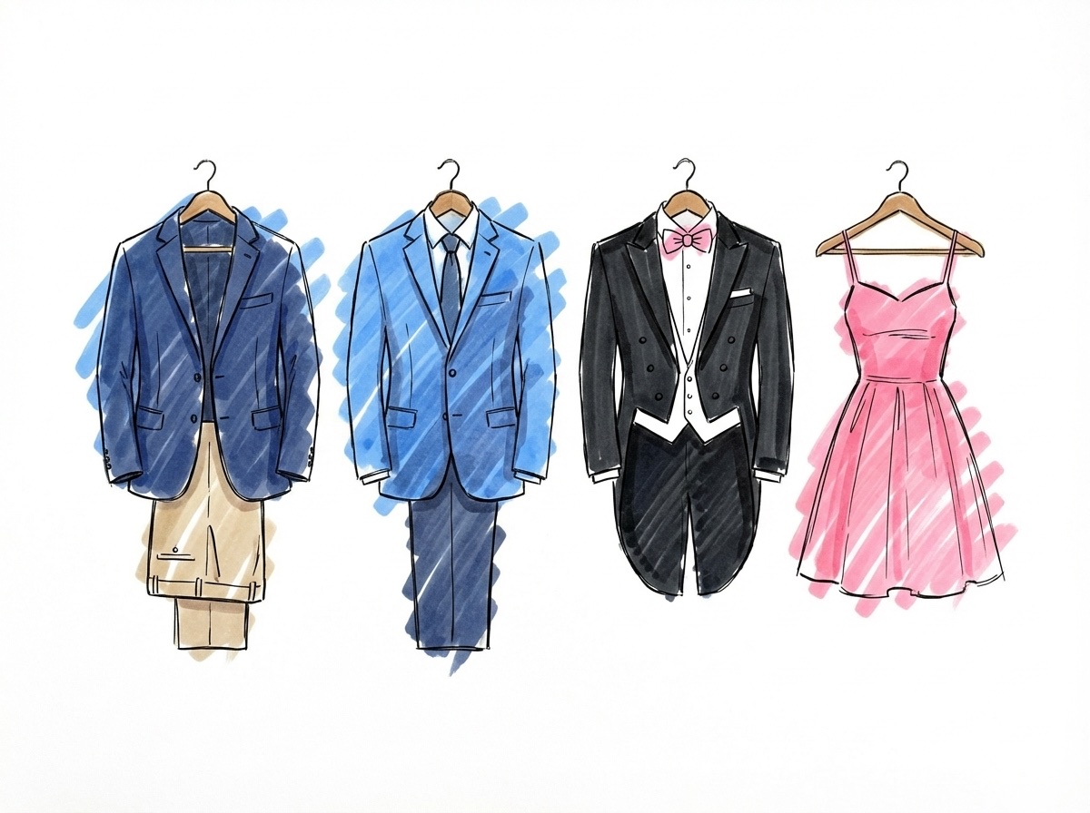 Fyra klädkoder illustrerade sida vid sida — kavaj, mörk kostym, frack och festkläder — i Lovios rosa och blå illustrationsstil