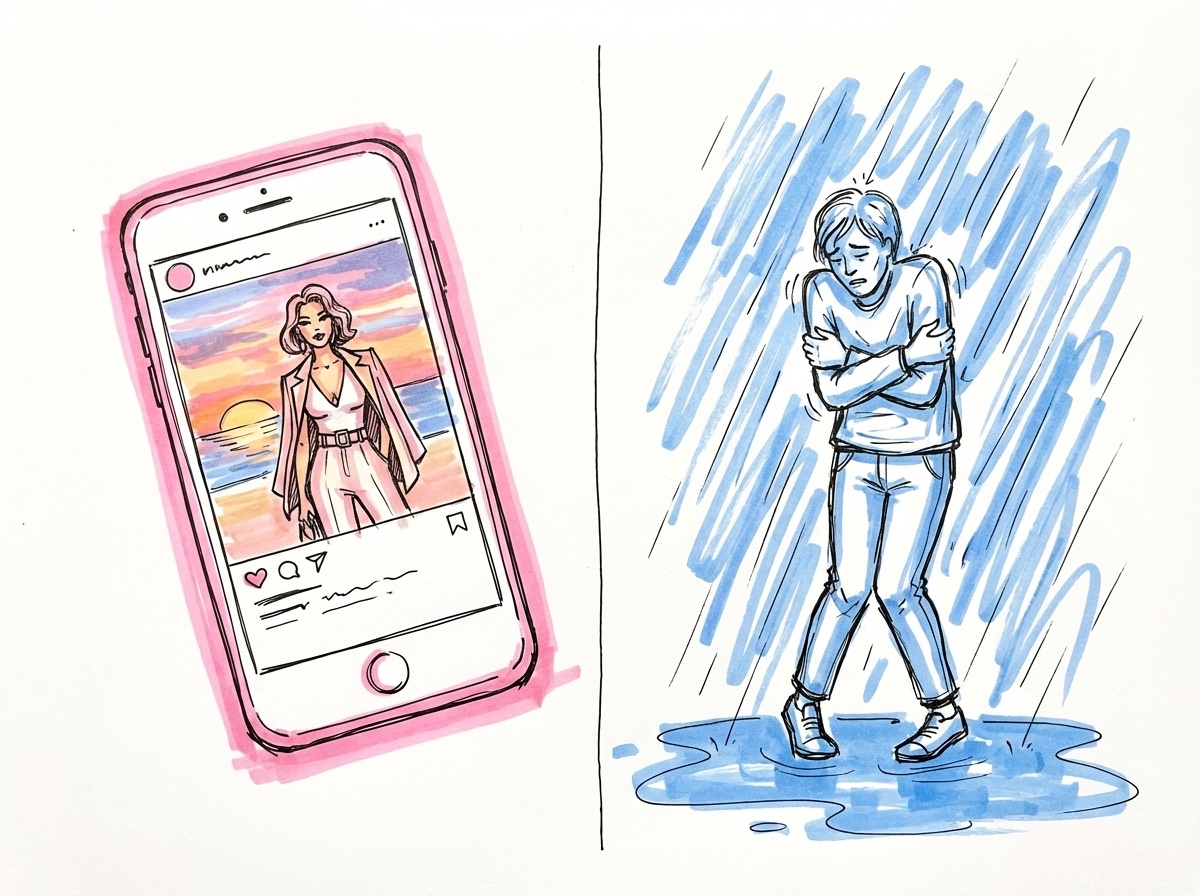 Checklista med kryss vid vanliga klädmisstag som bröllopsgäst i Lovios rosa och blå illustrationsstil