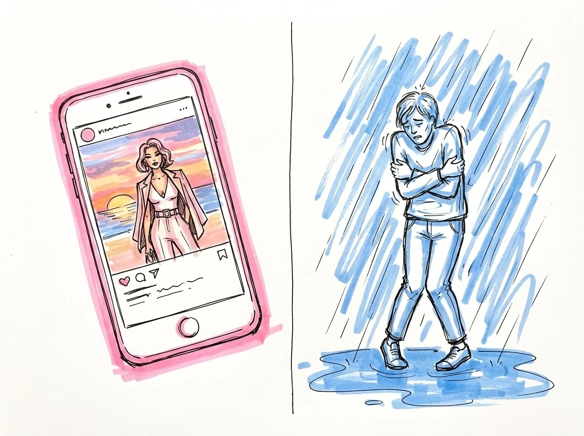 Checklista med kryss vid vanliga klädmisstag som bröllopsgäst i Lovios rosa och blå illustrationsstil