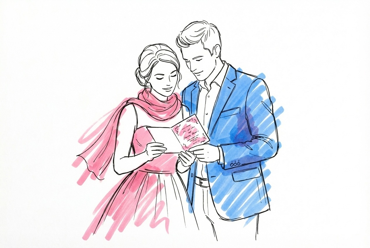 Ett par som diskuterar klädval inför ett bröllop med kläder utbredda på en säng i Lovios rosa och blå illustrationsstil