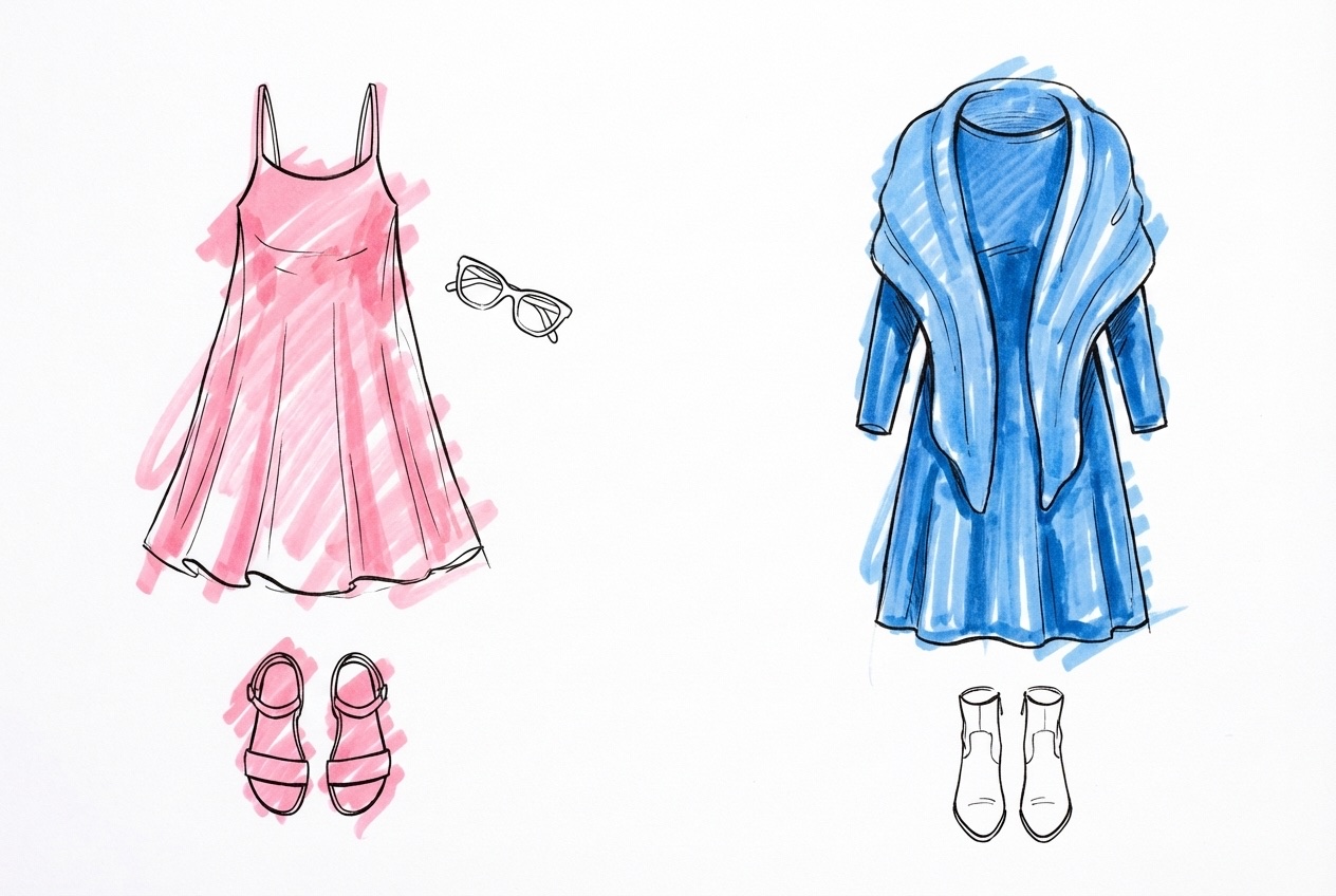 Två outfits sida vid sida — en lätt sommarklänning och en vinterklänning i sammet — i Lovios rosa och blå illustrationsstil