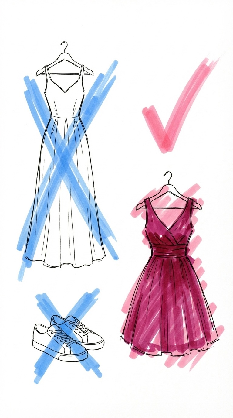 Illustrerade plagg med ett kryss över dem — vit klänning, sneakers och för utmanande outfit — i Lovios rosa och blå illustrationsstil