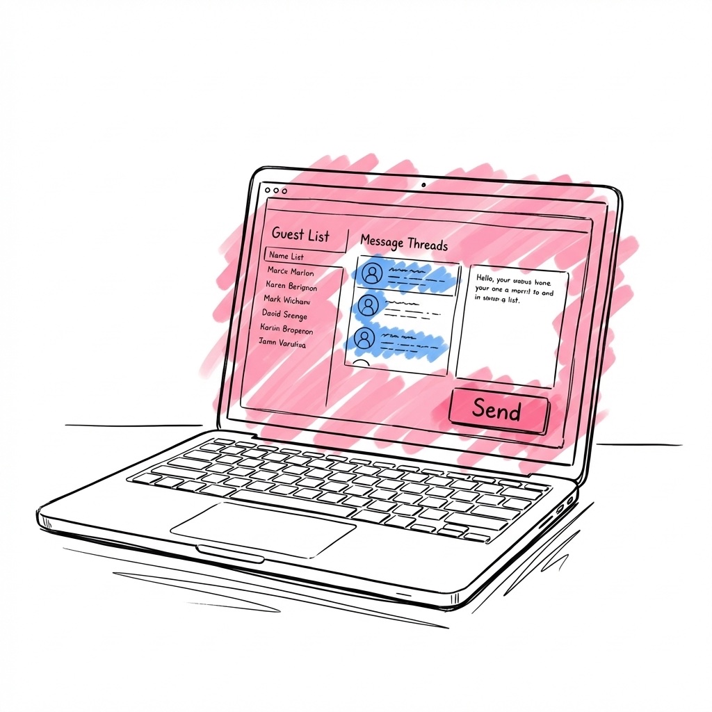 Dashboard med gästlista, meddelandetrådar och en skicka-knapp som representerar en samlad kommunikationshubb i Lovios stil