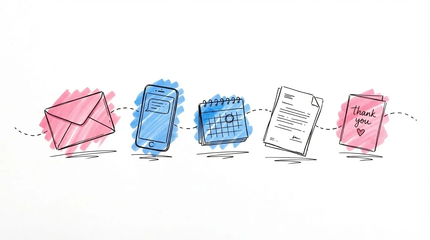 Fem kommunikationsobjekt uppradade horisontellt — kuvert, telefon med SMS, kalender, informationsbrev och tackkort — sammankopplade av en streckad tidslinje i Lovios rosa och blå illustrationsstil