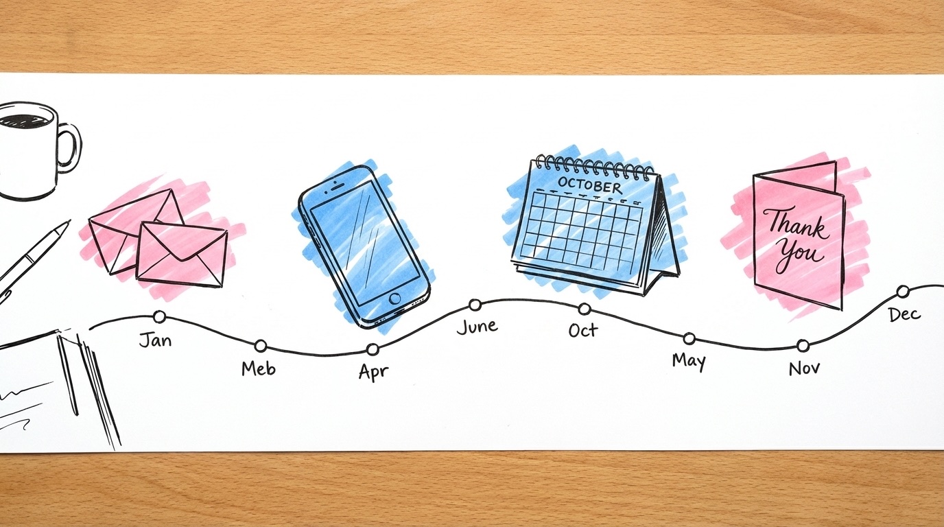 Horisontell tidslinje utspridd över ett skrivbord med kuvert, telefon, kalender och kort placerade vid intervaller i Lovios rosa och blå illustrationsstil