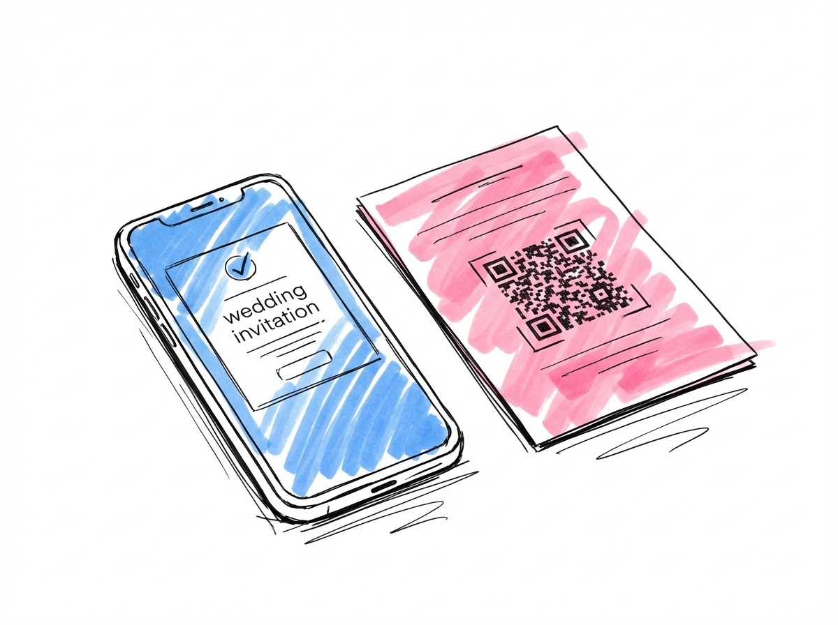 Telefonskärm med digital bröllopsinbjudan bredvid ett fysiskt inbjudningskort med QR-kod i Lovios stil