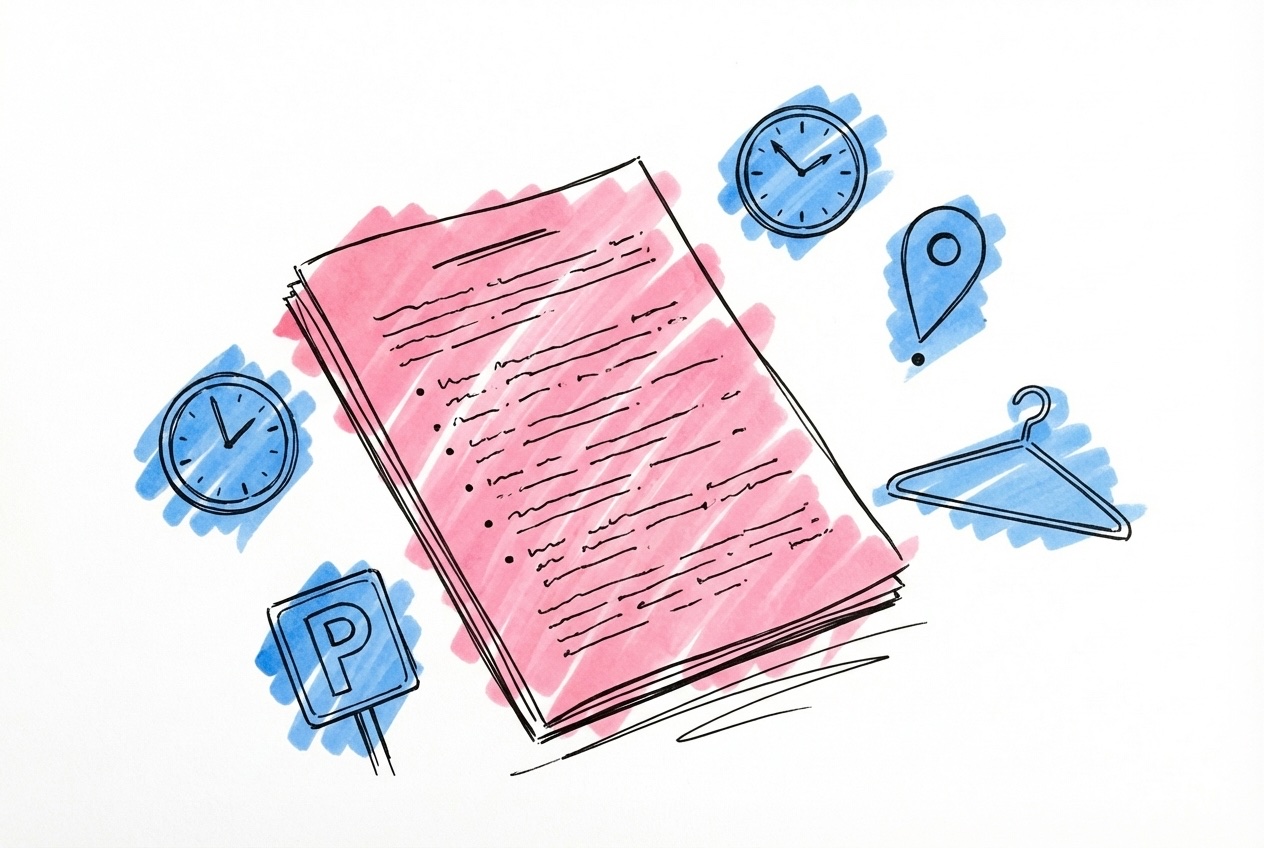 Öppet dokument med små ikoner runt om — klocka, kartpin, parkeringsskylt och klädgalge — i Lovios stil