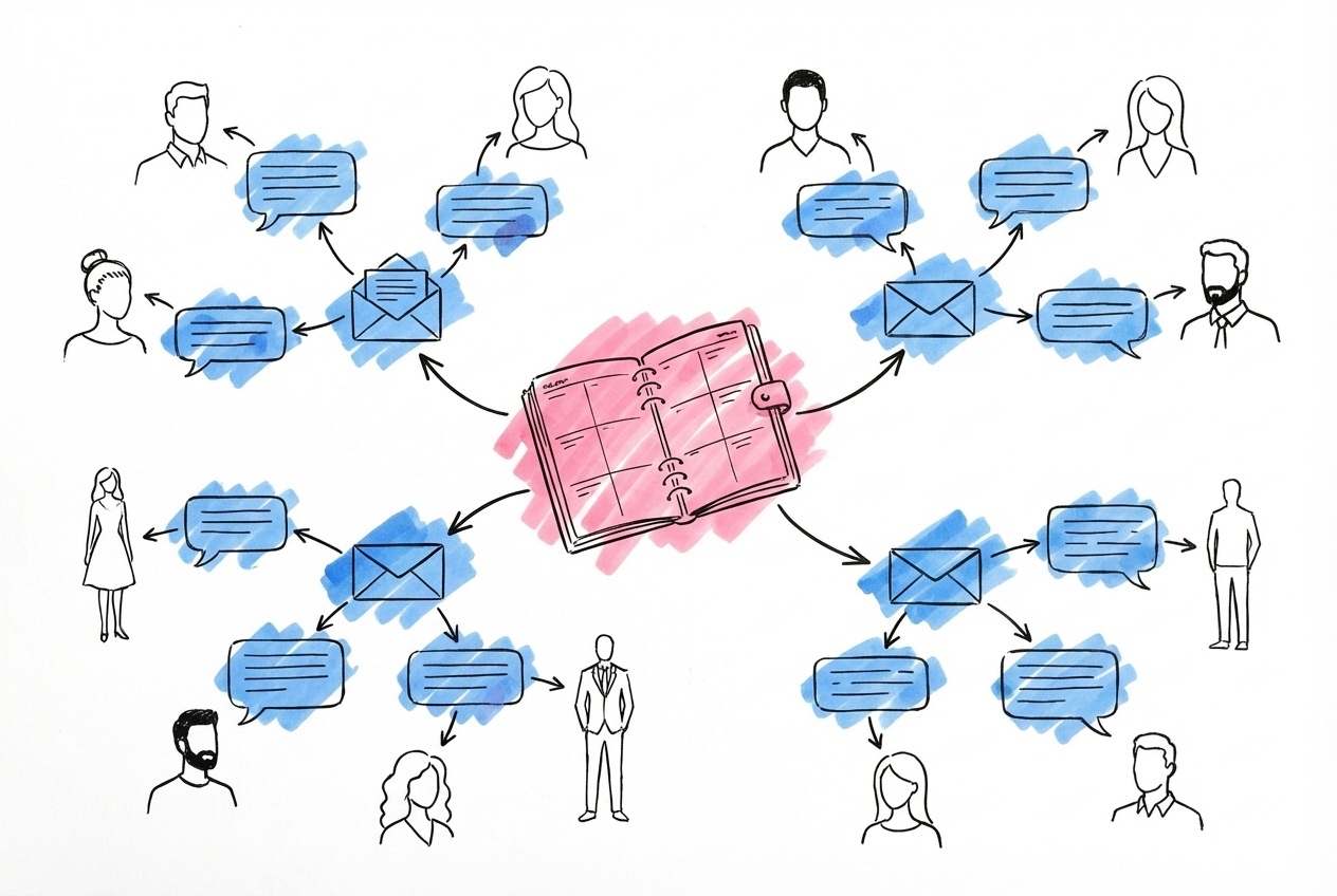 Informationsflöde med kuvert och meddelandebubblor som flödar ut från en planeringsbok mot gästsiluetter i Lovios stil