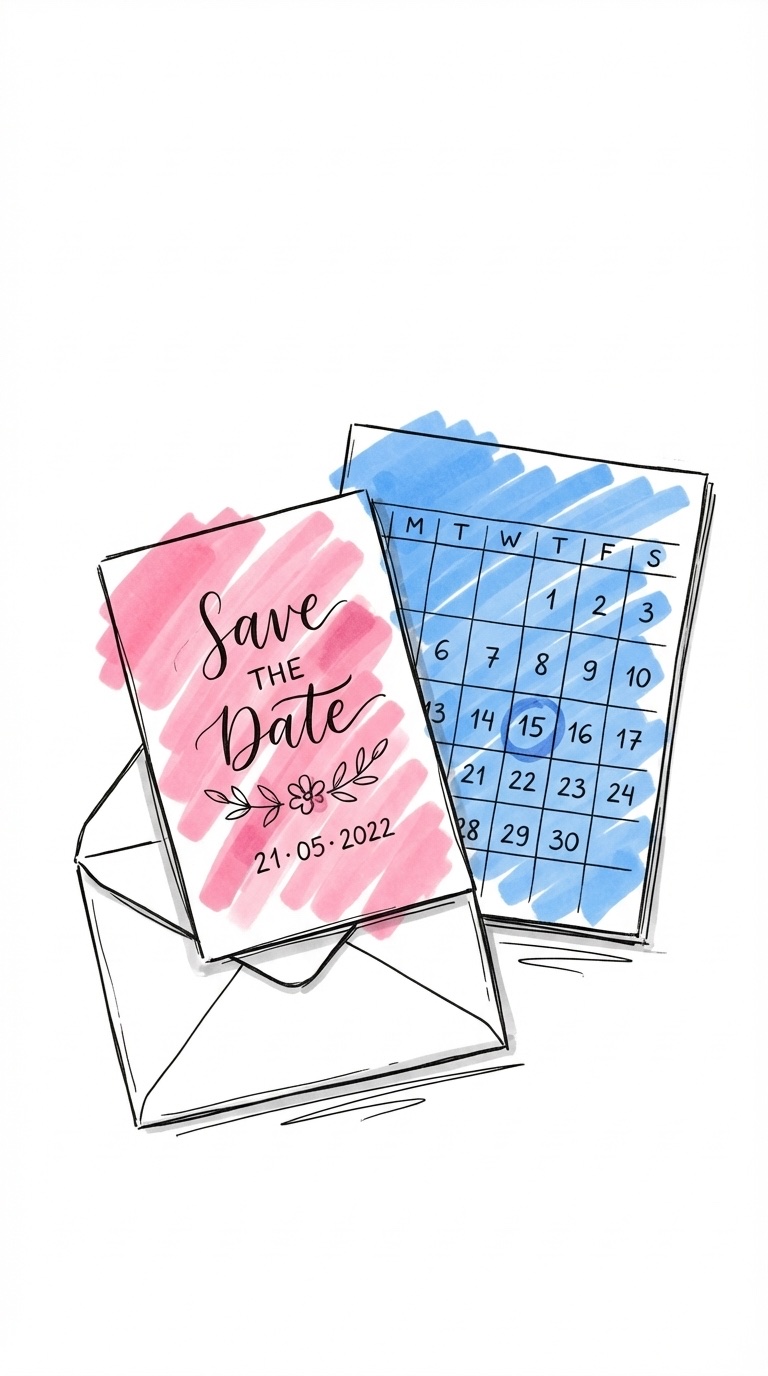 Save the date-kort lutat mot ett kuvert med en kalender bakom som visar ett inringat datum i Lovios stil