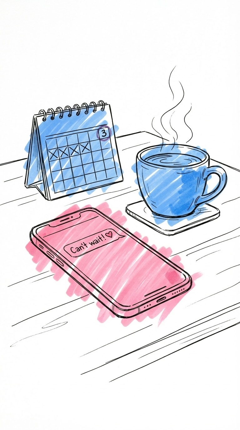 Telefon med ett kort textmeddelande bredvid en kaffekopp och en kalender som visar att bara några dagar återstår i Lovios stil