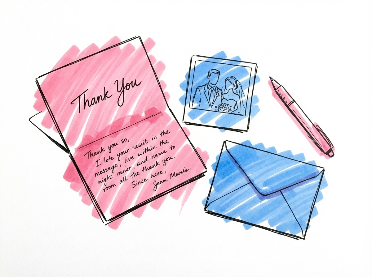 Handskrivet tackkort öppet bredvid ett litet bröllopsfoto och en penna med ett kuvert redo att förseglas i Lovios stil