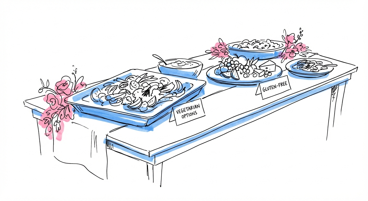 Vacker bröllopsbuffé med varierade maträtter för olika kostbehov