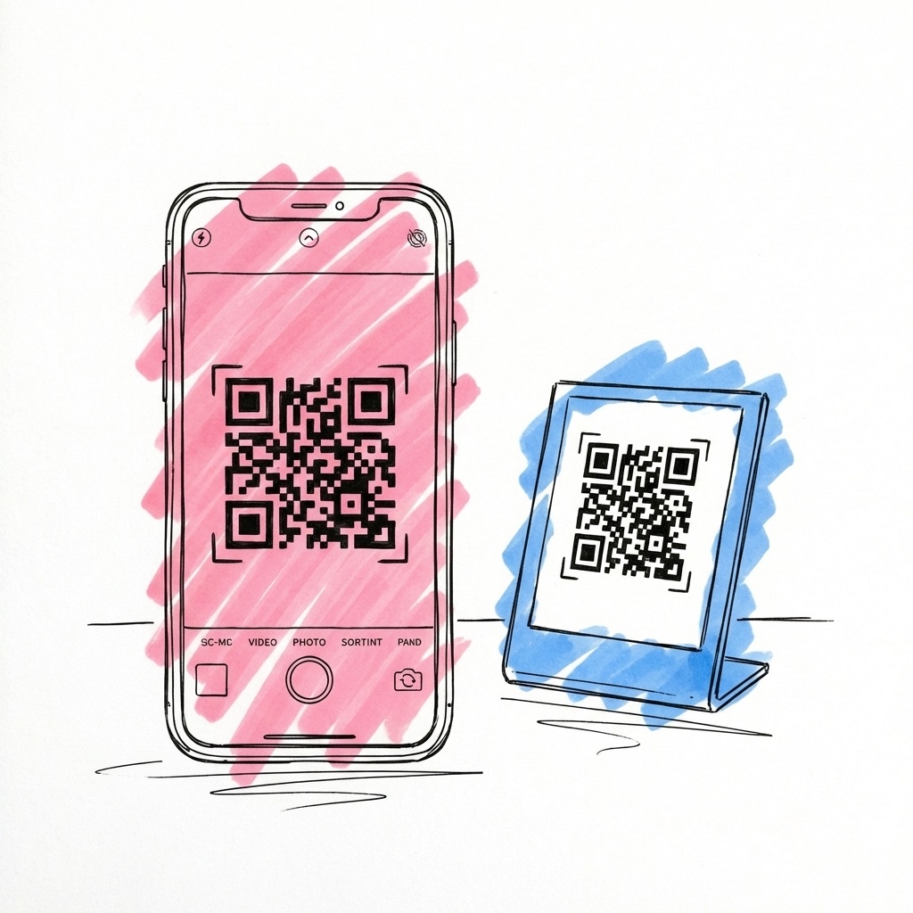 Telefon med QR-kod och kameragränssnitt bredvid en tryckt QR-kodsskylt i Lovios rosa och blå illustrationsstil
