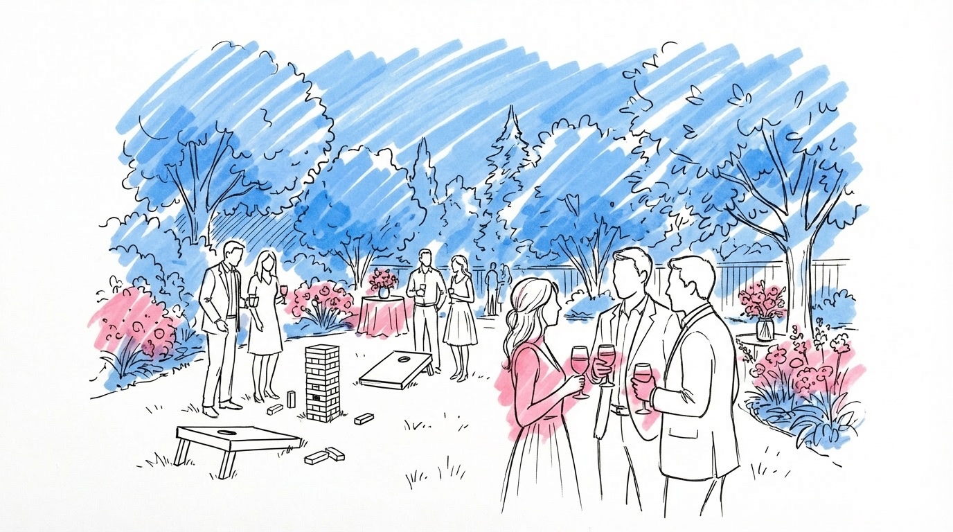 Bröllopsgäster som minglar och spelar trädgårdsspel utomhus i solsken medan de väntar på brudparet i Lovios rosa och blå illustrationsstil