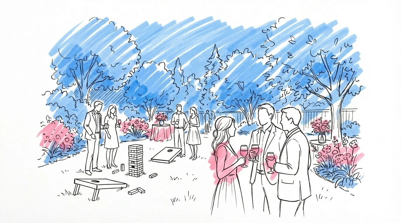 Bröllopsgäster som minglar och spelar trädgårdsspel utomhus i solsken medan de väntar på brudparet i Lovios rosa och blå illustrationsstil