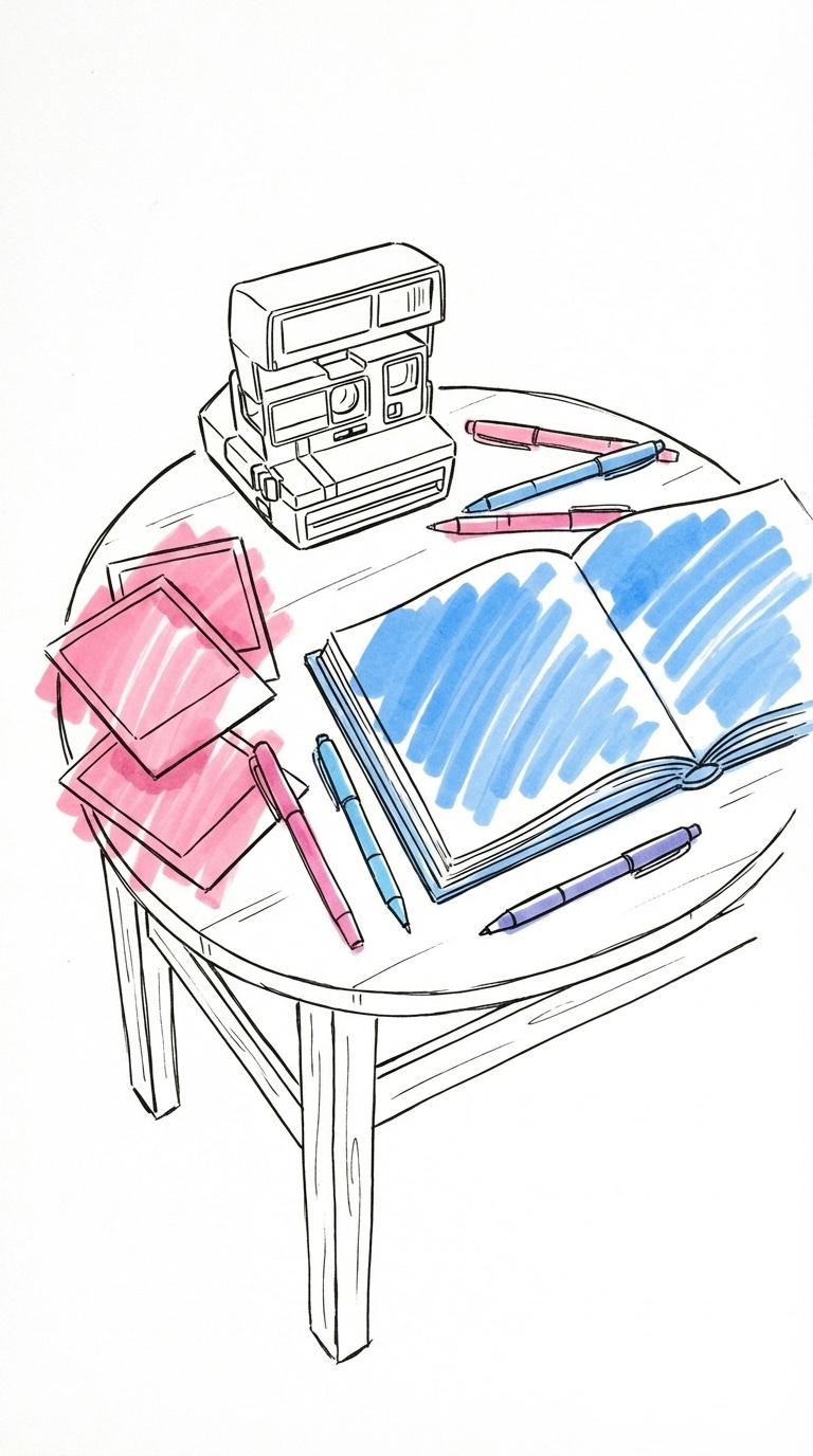 Gästboksstation med polaroidkamera, öppet album och färgpennor på ett litet bord i Lovios rosa och blå illustrationsstil