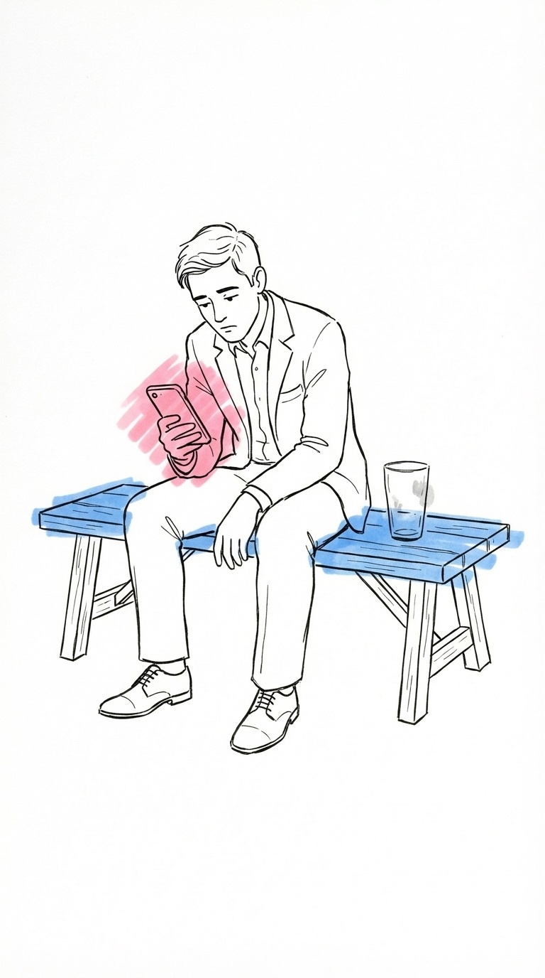 Uttråkad gäst som sitter ensam på en bänk och tittar på sin telefon med ett tomt glas bredvid sig i Lovios rosa och blå illustrationsstil