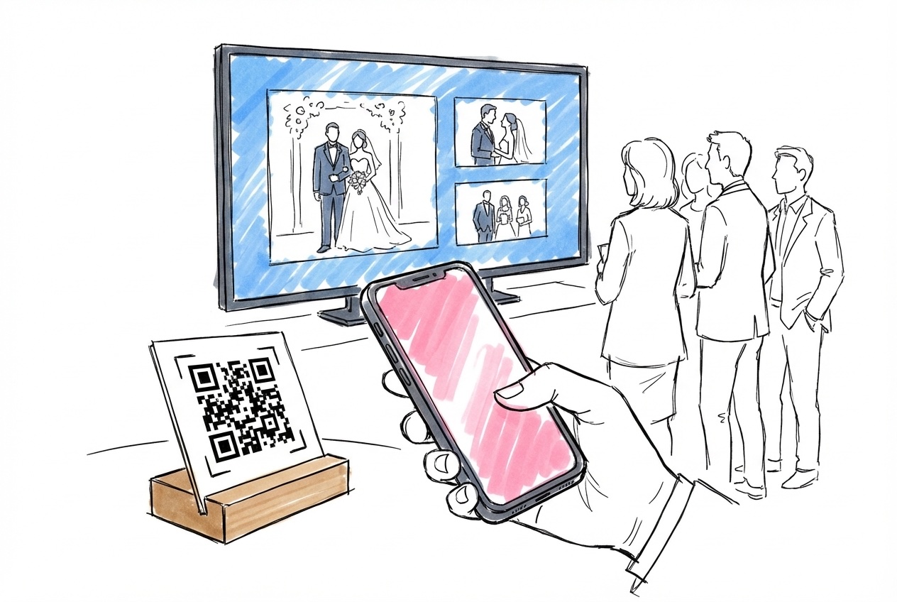 Hand som håller en telefon mot en QR-kodsskylt med ett live-bildspel på en skärm i bakgrunden i Lovios rosa och blå illustrationsstil