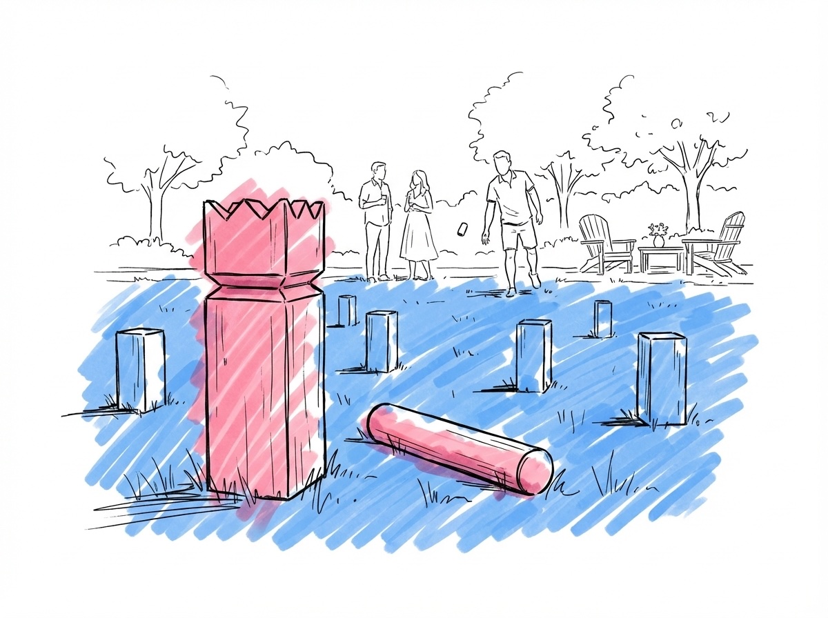 Kubbspel på gräsmatta med kastpinne och gäster som spelar i bakgrunden i Lovios rosa och blå illustrationsstil