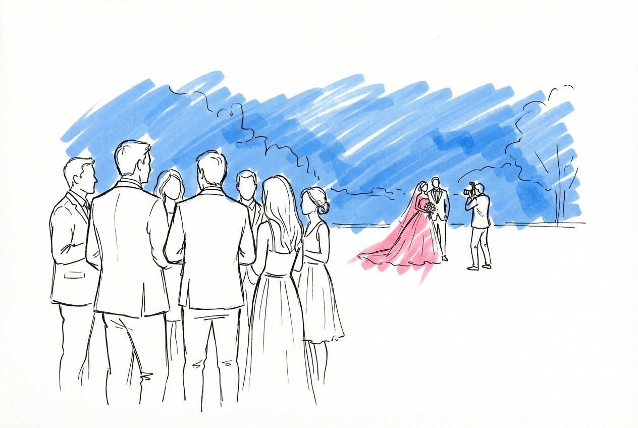 Brudpar på avstånd som fotograferas medan gäster i förgrunden minglar och väntar i Lovios rosa och blå illustrationsstil