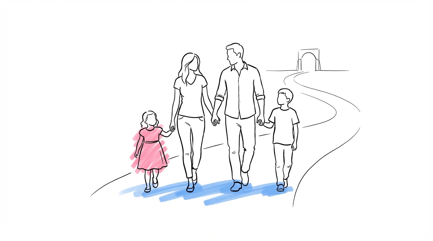 Par som går hand i hand med två barn mot en ceremoni