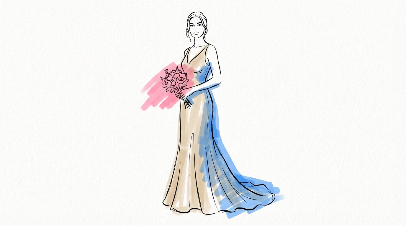 Elegant kvinna i champagnefärgad klänning med enkel bukett