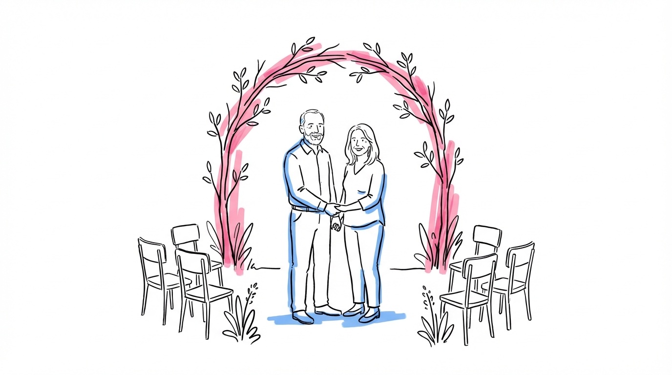 Par i 40-årsåldern vid en intim utomhusceremoni i en trädgård