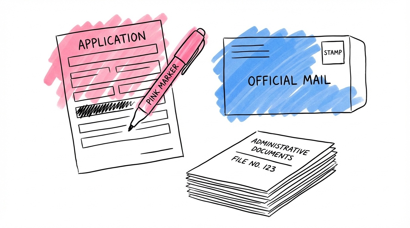 Flat-lay med officiella dokument, blankett och penna på skrivbord